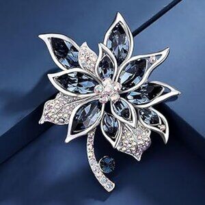 Sparkling Rhinestone Flower Brooch Pin Silver with Blue Crystals